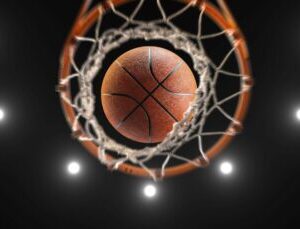 3d,Rendering,Basketball,On,Hoop,And,Lighting,From,Roof,Stadium